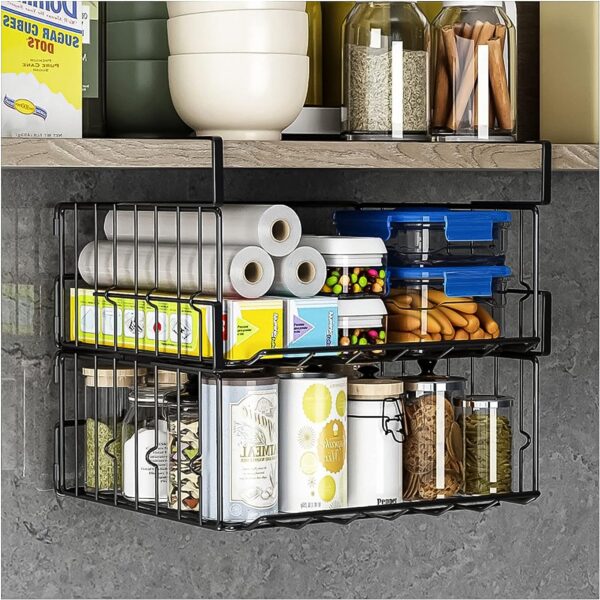 Hanging wire basket shelves in a pantry