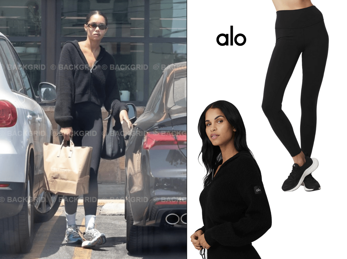 Laura Harrier serves the perfect model off-duty look in a full Alo Yoga fit.
