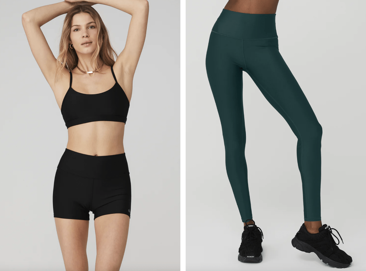 Model wearing ALO YOGA AIRLIFT INTRIGUE BRA and ALO YOGA HIGH-WAIST AIRLIFT LEGGING - MIDNIGHT GREEN