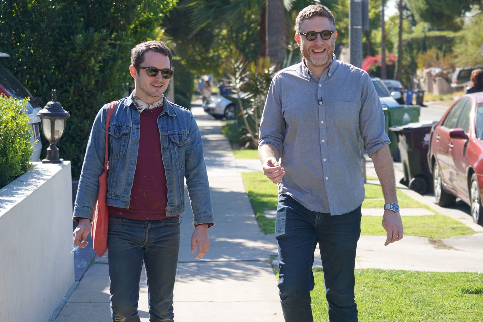 Elijah Wood and Daniel Noah, the co-founders of SpectreVision walking outdoors